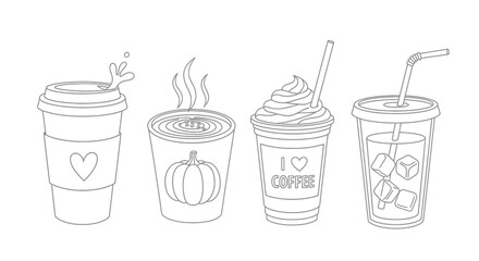 Cute Doodle Coffee Cups Outline - Iced & Hot Beverages