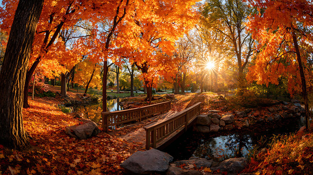 Golden autumn park with wooden bridge over stream and sunburst through trees image