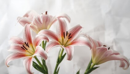 Naklejka premium Lily flowers arranged on a white backdrop, suitable for editorial header background