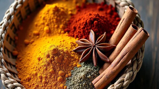 Spices displayed in a basket, vibrant powders of turmeric chili and cumin with cinnamon sticks and star anise in a woven container. concept of cooking recipes, food industry, healthy nutrition