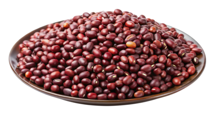 A close up view of a pile of small red beans in a clear bowl isolated on transparent background