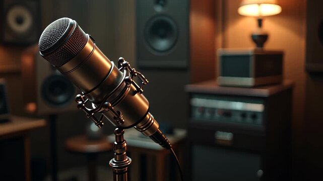 Microphone standing quietly in a cozy room, positioned on a stand in a warm lit studio with soft lighting and vintage decor, blurred background with clocks and pictures, concept of music production