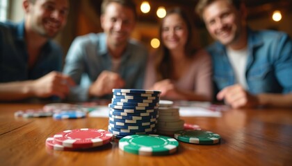 Friends play poker game on table with chips. People enjoy cards, bet money, share fun moments. Casual group, happy faces, home setting, evening pastime.