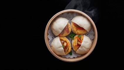 Overhead View Of Bao Buns Filled With Japanese Omelette And Vegetables In A Bamboo Steamer, Nutrient-rich Meal