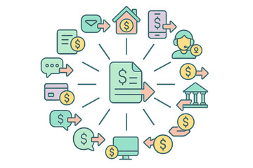 Fototapeta premium Financial transaction flow diagram illustrating various digital payment methods