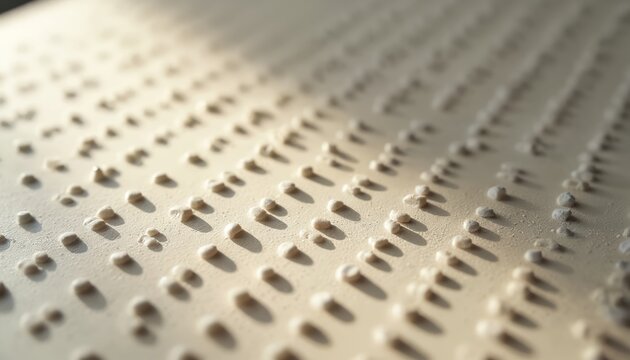 Tactile dots arranged in rows create braille text on a light surface. Raised bumps form alphabet characters for blind reading. Touch conveys information.