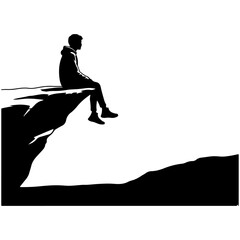 Fototapeta premium Silhouette of a thoughtful person sitting on a cliff edge contemplating adventure and freedom