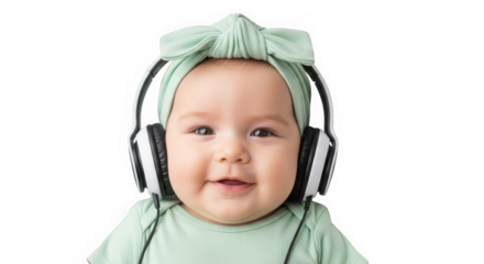 Smiling baby wearing headphones and green headband isolated on transparent background
