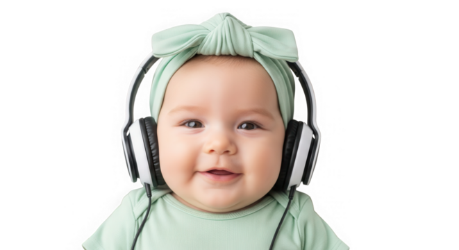 Smiling baby wearing headphones and green headband isolated on transparent background