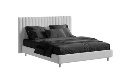 Modern white bed with black bedding on an isolated background. Furniture for colleges, marketing, and presentations.
