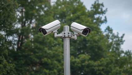 CCTV cameras installed on metal poles in public parks, ensuring security and monitoring for crime prevention