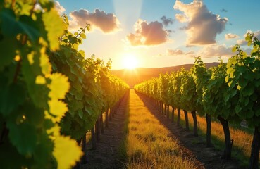 Naklejka premium Rows of grape vines grow in a sun-drenched vineyard under a bright sky with fluffy clouds. The golden sun sets behind rolling hills, casting long shadows and warm light across the green landscape.