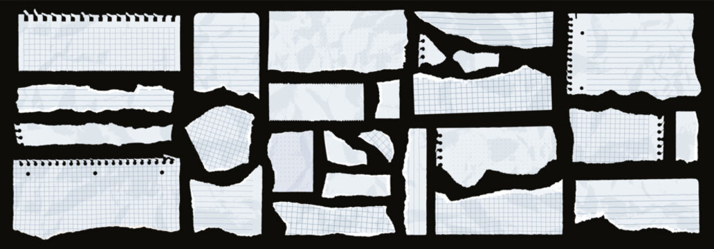 Crumpled notebook sheets with ragged edges, realistic torn pieces of lined paper. Blank memo sheet shreds, ragged note scraps, wrinkled paper strips, collage or scrapbooking vector elements set - Powered by Adobe