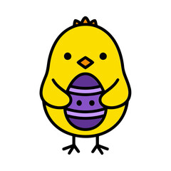 Whimsical chick holding a decorated egg for springtime celebrations