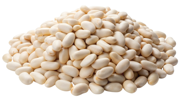 A large pile of small oval shaped white beans isolated on a transparent background for culinary use isolated on transparent background