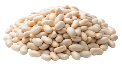 A generous pile of creamy white cannellini beans showcasing their smooth texture and oval shape isolated on transparent background