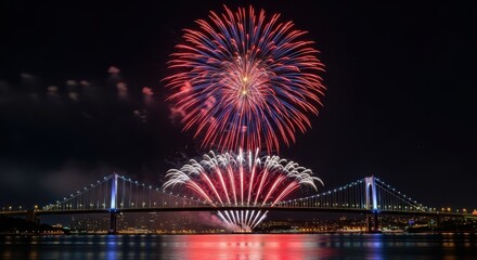 Vibrant fireworks display over illuminated suspension bridge at night