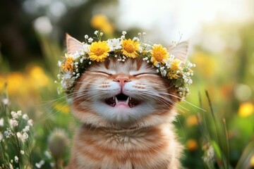 Fototapeta premium Sunny daylight. Summertime happiness. Cute adult cat singapura wearing untamed flower circlet on its head. Dreamy summer scene with a cat. Petâ€™s outdoor adventure. Radiant summer joy for pets.
