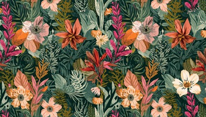 Modern exotic jungle plants illustration, vibrant foliage pattern for editorial background