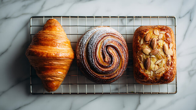 Golden brown pastries with swirls and almonds on a cooling rack croissant pastry - Powered by Adobe