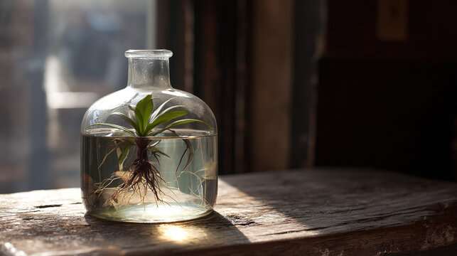 carboy. Clear glass carboy with floating green plant and visible roots on rustic wooden surface. gardening catalogs, home-decor guides, designed for home decor and floral branding.
