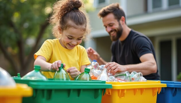 Father and daughter sort plastic bottles for recycling in yard. Happy child helps man with eco bins, learns environmental responsibility outdoors. Family activity sorting waste.