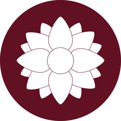 Simple White Flower With Petals Arranged In A Circle On A Dark Red Circular Background With Geometric Accents A Minimalist Graphic Icon Representing Nature Or Purity On A Transparent Background