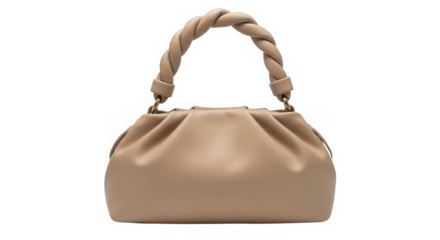 Beige mini handbag with twisted handle isolated on transparent background