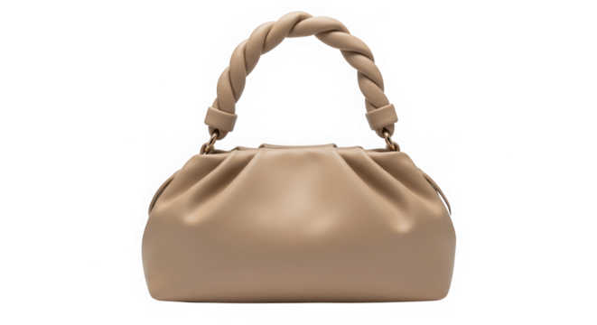 Beige mini handbag with twisted handle isolated on transparent background