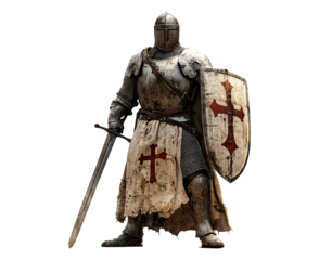 Historical Knight in Armor with Cross Shield and Sword Stance