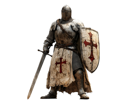 Historical Knight in Armor with Cross Shield and Sword Stance