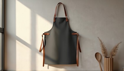Dark grey apron with brown leather straps hangs on neutral wall. Minimalist kitchen textile, chef wear ready for custom logo. Offers clean professional look, suitable for cafe or home cook.