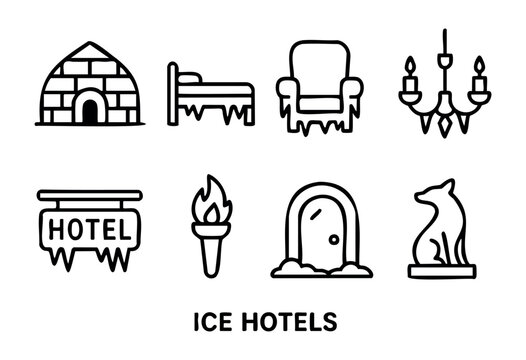 A collection of eight black and white outline icons for ice hotels, depicting elements like an igloo, bed, armchair, chandelier, hotel sign, torch, arched doorway, and an animal ice sculpture, all fea