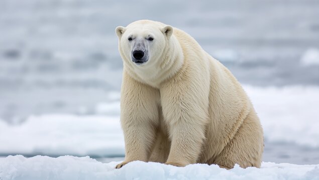 Male polar bear observes and listens while perched on an ice floe in the Arctic Ocean, erosion risk