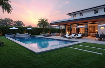 Fototapeta premium Modern house with swimming pool and patio area, palm trees in yard, sunset sky with pink clouds, luxury outdoor living space, elegant landscaping, poolside lounge chairs and dining furniture.