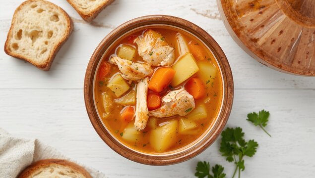 Bird's eye view of chicken broth with potatoes and carrots in a dish, fiber-dense choice