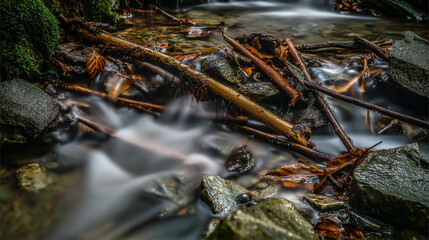 Fototapeta premium obstacles. A partially blocked stream with water flowing around branches and rocks. ESG reports, sustainability campaigns, designed for environmental awareness campaigns, used by product managers. 