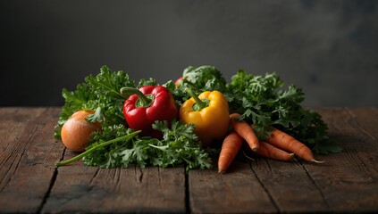 Mixed arrangement of vegetables on a rustic dark wood table, ideal for healthy meal preparation