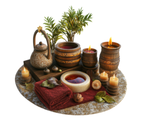 Traditional Tea Ceremony Setup with Natural Elements and Candles Isolated Transparent Background