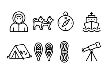 Fototapeta premium Collection of line art icons depicting various adventure and exploration elements, including a hooded person, sled dogs, compass, ship, tent, snowshoes, coiled rope, and telescope, all in a modern out