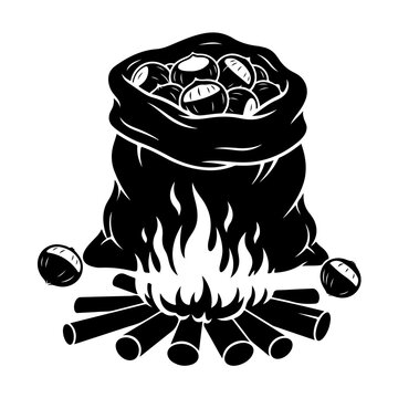 Delicious roasted chestnuts cooking over a crackling bonfire, perfect for autumn and winter holidays