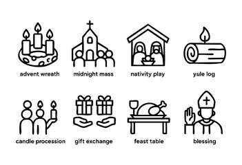 Christmas and Christian holiday traditions depicted as a collection of outline icons, including advent wreath, midnight mass, nativity play, yule log, candle procession, gift exchange, feast table, an