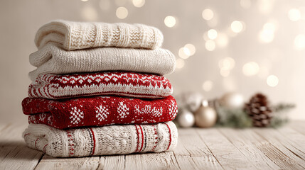 Cozy folded Christmas sweaters on wooden table with holiday lights