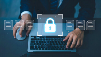 Person using laptop and mouse with digital padlock and documents overlay access authentication
