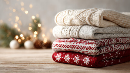 Stack of folded winter sweaters with Christmas patterns and pine decorations