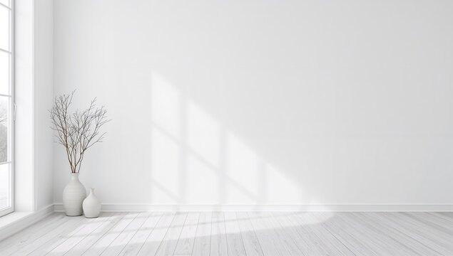 Minimalist room featuring vases on hardwood flooring, decor on a large wall, and a white landscape visible through the window, showcasing Scandinavian design elements - Powered by Adobe