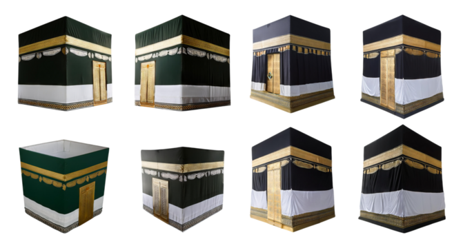 Eight Views of the Kaaba, Sacred Structure in Mecca, Saudi Arabia, isolated on transparent background