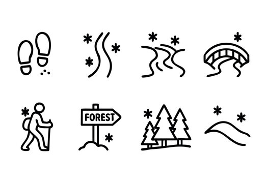 Footprints, wavy lines, a bridge, and trees depict a hiking trail. These symbols guide adventurers through the forest, encouraging exploration of nature.