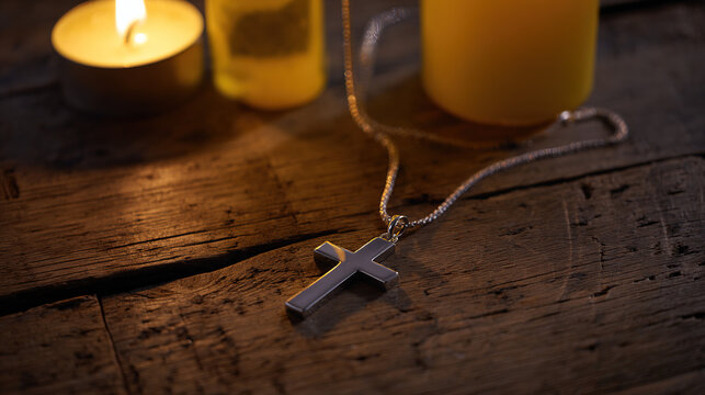 necklace. A silver cross necklace on a weathered wooden table lit by warm candlelight. event programs, museum guides, designed for cultural heritage projects and event programs.
