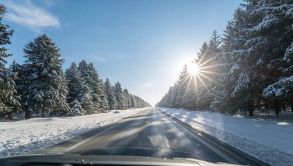 Naklejka premium Snow-covered landscape with pine trees and bright blue sky, showcasing winter beauty and seasonal charm